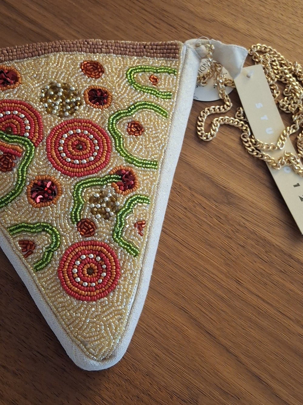 Beaded Embroidered Triangle Crossbody Bag - Cream with Pink & Green